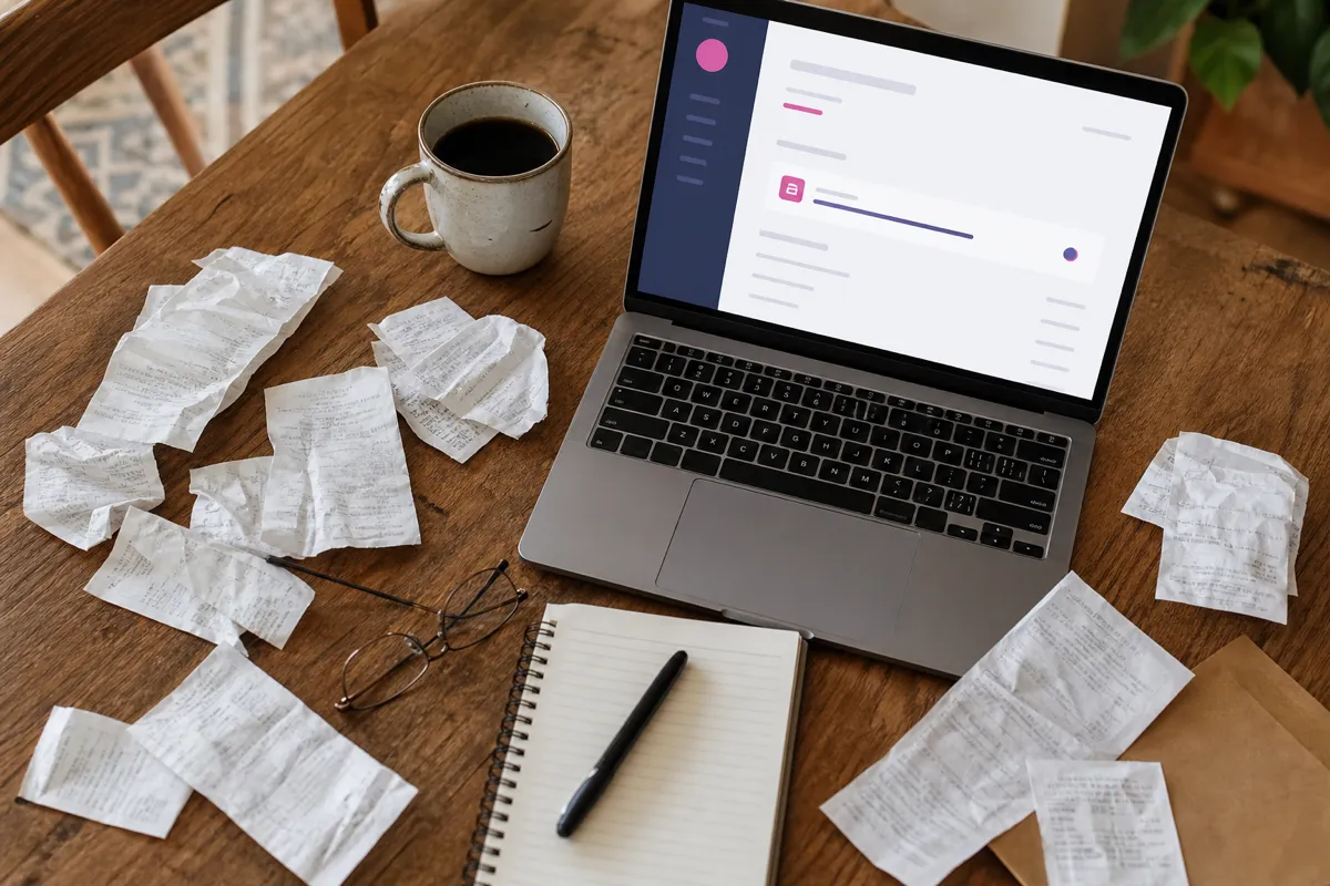 Wooden table strewn with crumpled paper receipts beside a laptop showing a single clean subscription dashboard, illustrating one consolidated bill versus multiple separate invoices.
