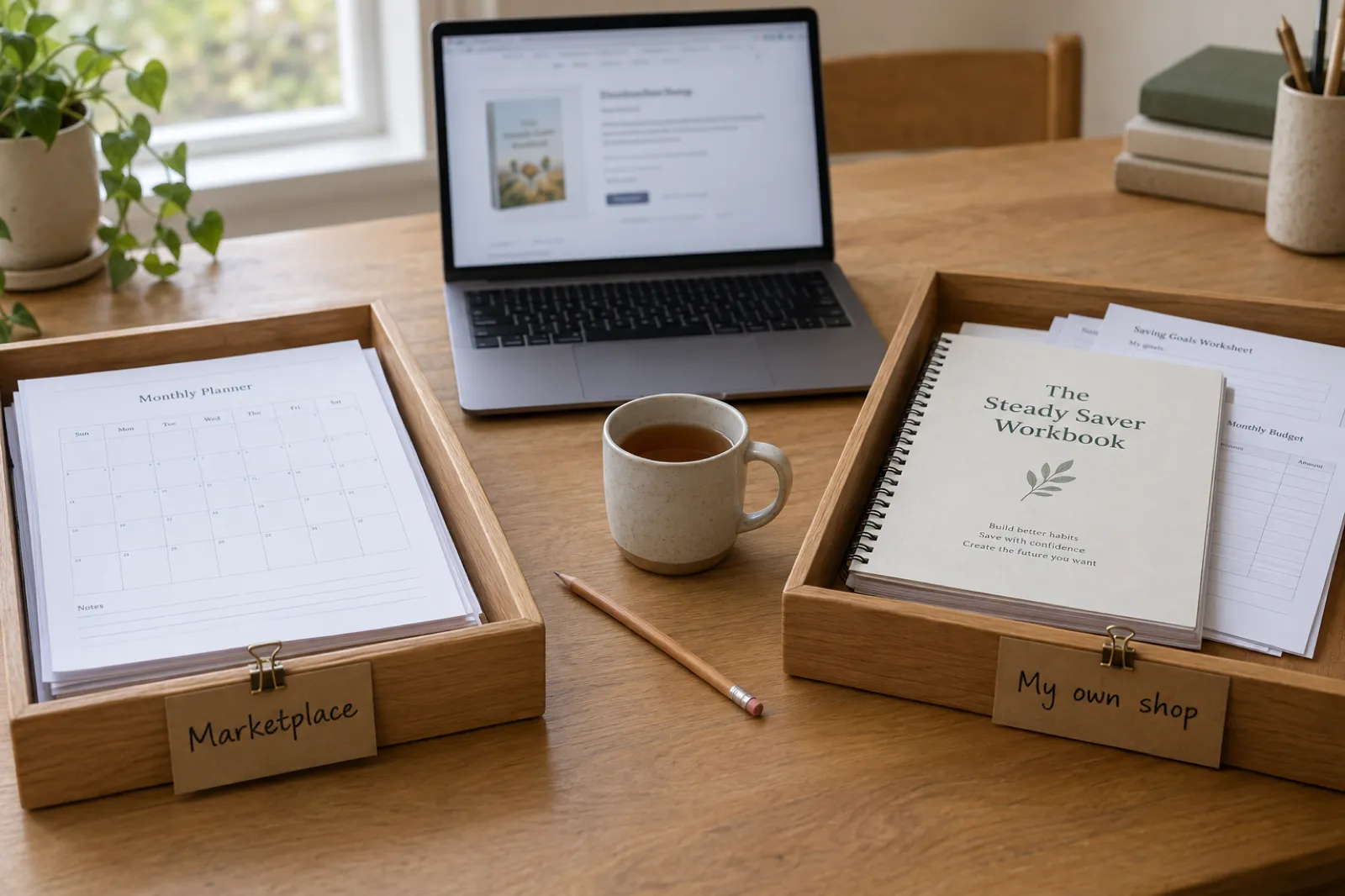 An oak desk with two wooden trays: printed planner pages under a card reading Marketplace, and a workbook titled The Steady Saver Workbook under a card reading My own shop, with a laptop between them