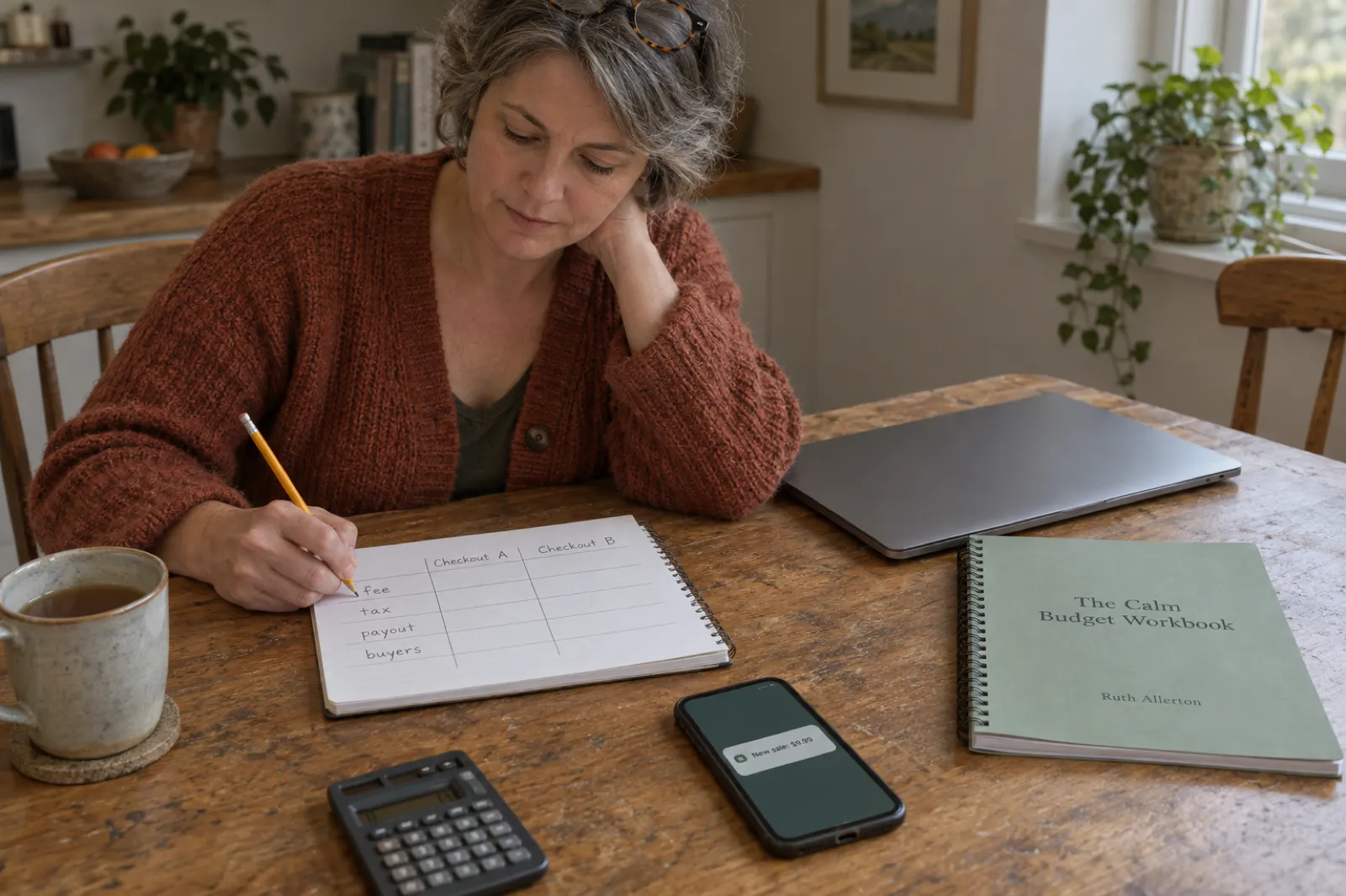 An author at a kitchen table writing a two-column comparison of two checkouts in a notebook, beside a printed budget workbook, a calculator and a phone showing a new $9.99 sale