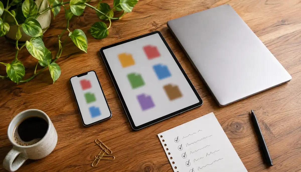 Flat-lay on a warm wooden desk: a smartphone, a tablet, and a closed laptop arranged diagonally, each device showing blurred colour blocks suggesting file format icons, beside them a small printed checklist with abstract handwritten ticks, a coffee cup, a pair of paperclips, and a trailing pothos plant.
