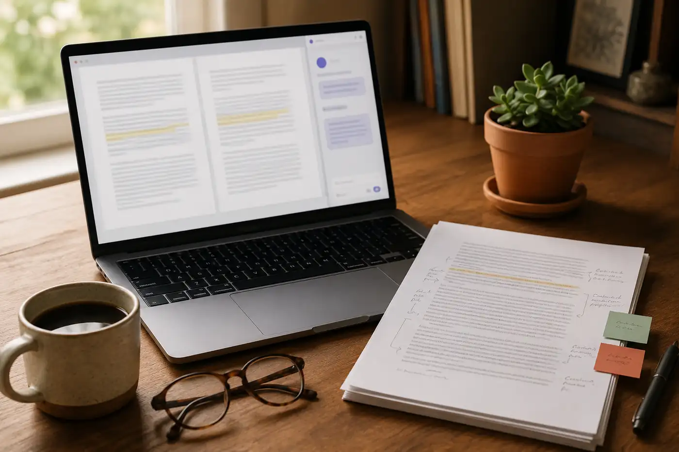 A laptop on a warm wooden desk showing a document with highlighted passages and an AI assistant panel, beside an annotated printout, reading glasses, coffee, and a succulent