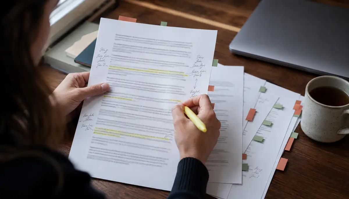 Over-the-shoulder view of a person's hands holding a yellow highlighter and annotating a printed document on a wooden desk, with abstract handwritten margin notes, other printed pages fanned out with terracotta and sage sticky-note tabs, a closed laptop and a stoneware mug of black tea nearby.