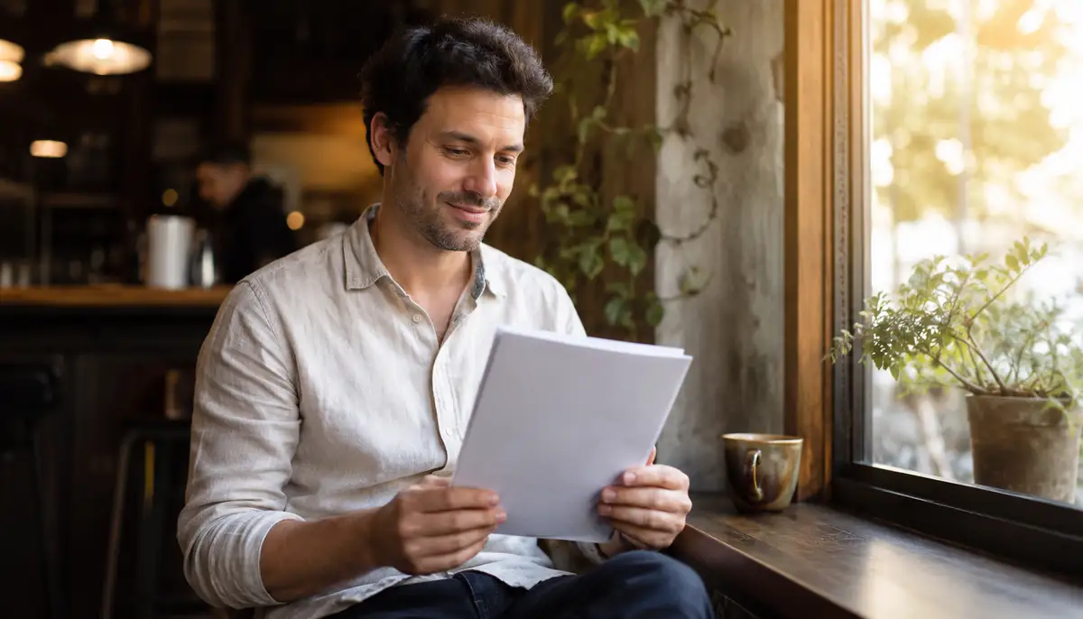 A creator in his 30s sits at a cafe window seat in a linen shirt, holding a freshly printed plain-cover PDF document, looking down at it with a slight smile of satisfaction in soft golden-hour backlight, a stoneware mug and a small plant on the window ledge beside him.