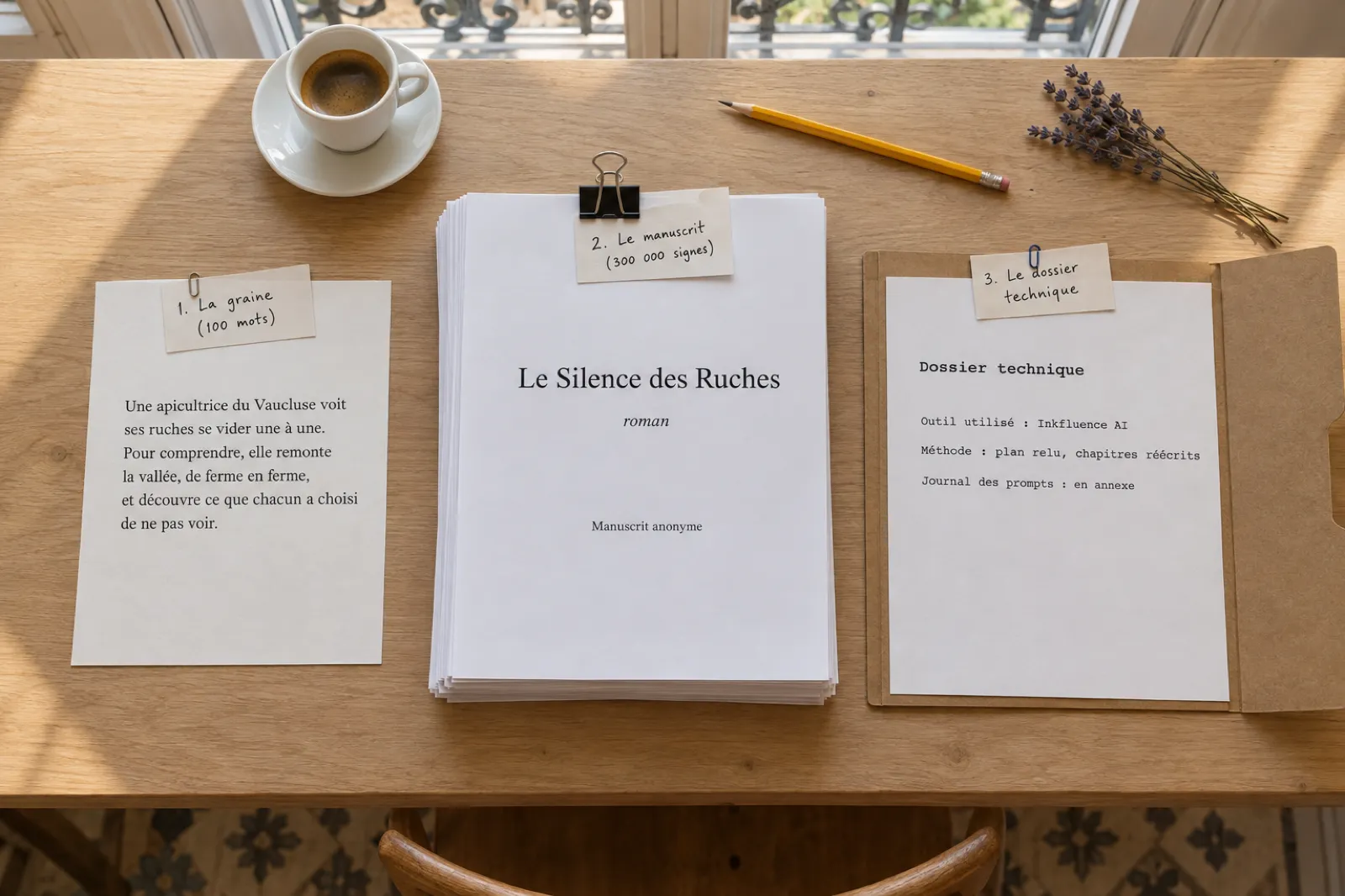 The three parts of a Prix Pascal entry on a Paris writing table: the graine, an anonymous manuscript titled Le Silence des Ruches, and a technical file naming Inkfluence AI as the tool used