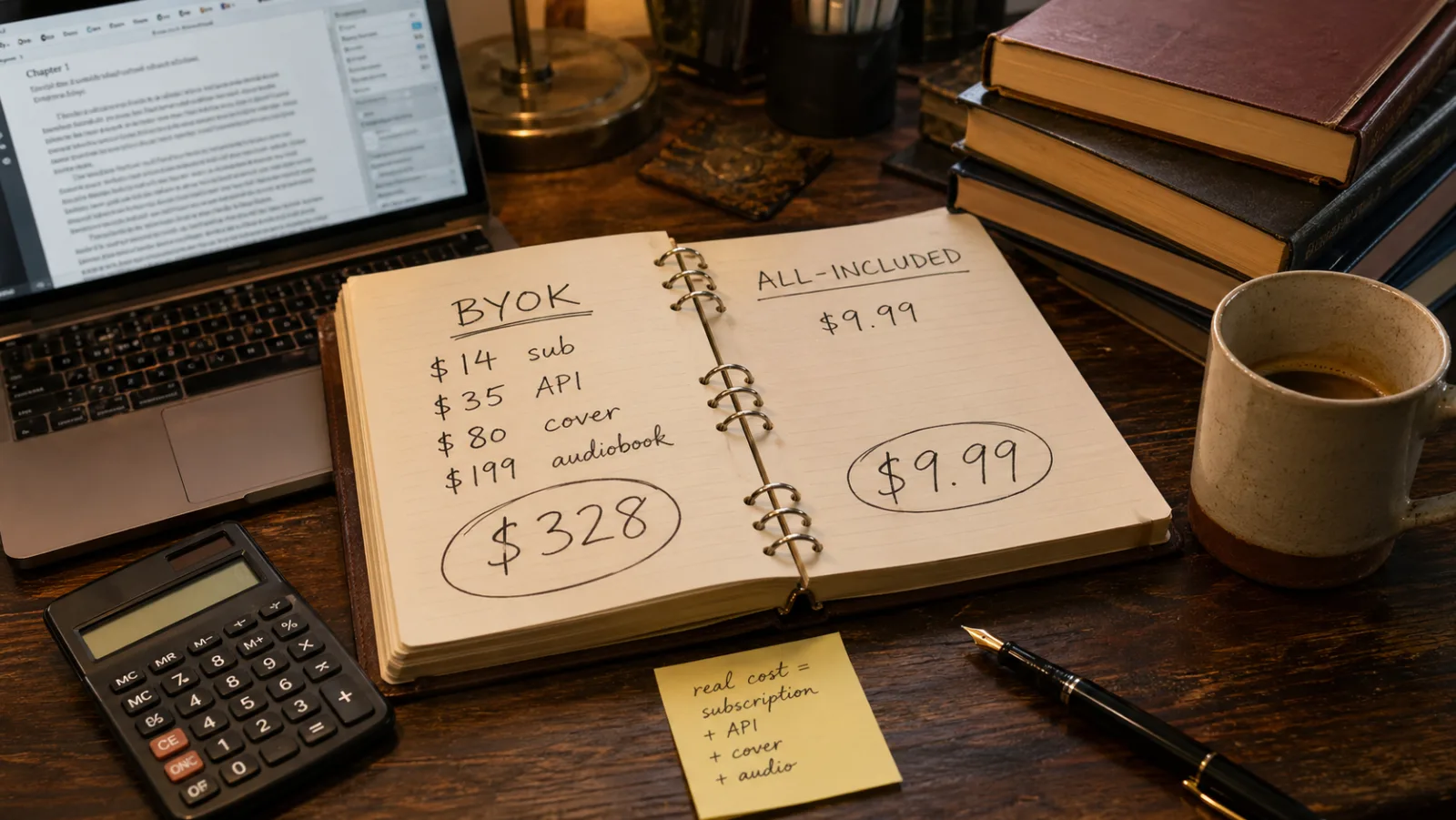A novelist's desk with an open notebook showing a hand-written cost breakdown comparing BYOK and all-included AI writer pricing, with a calculator, coffee mug, and laptop showing a chapter editor.