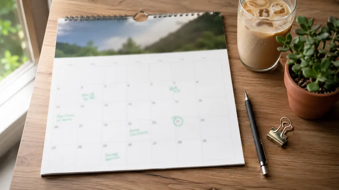 A wall calendar laid flat on a wooden surface with several dates marked in green ink, beside a mechanical pencil, a metallic clip, an iced coffee, and a small jade plant in a terracotta pot