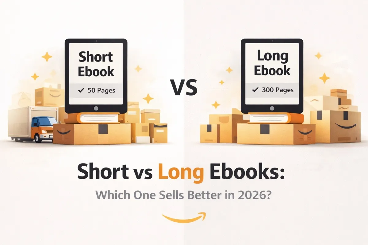 Short vs long ebooks comparison showing a 50-page short ebook versus a 300-page long ebook with Amazon boxes, deciding which sells better in 2026