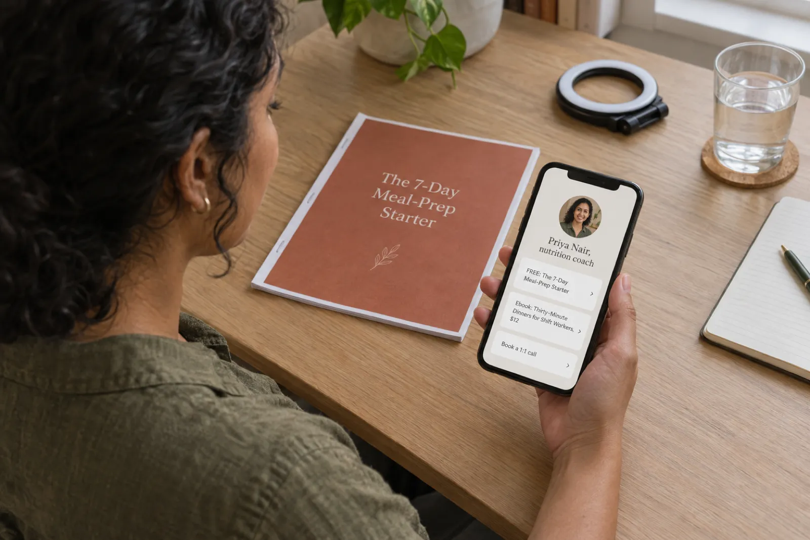 A phone on a wooden desk showing a simple link-in-bio storefront with a free guide and a paid ebook, next to a printed copy of the guide