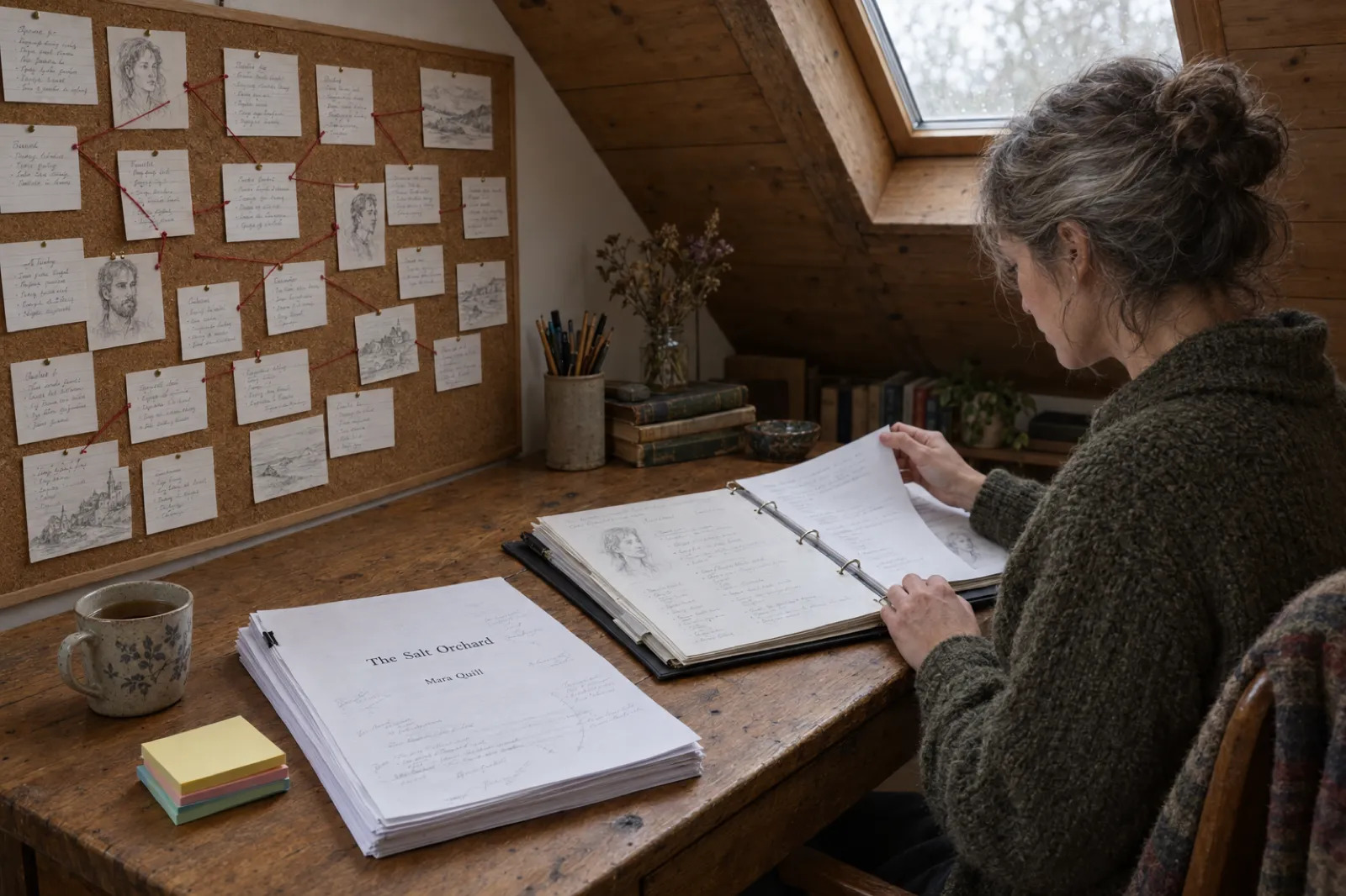 In an attic writing nook, a novelist turns the pages of a ring binder of character sheets beside a cork board of index cards joined with red string, with a printed manuscript titled The Salt Orchard by Mara Quill on her desk