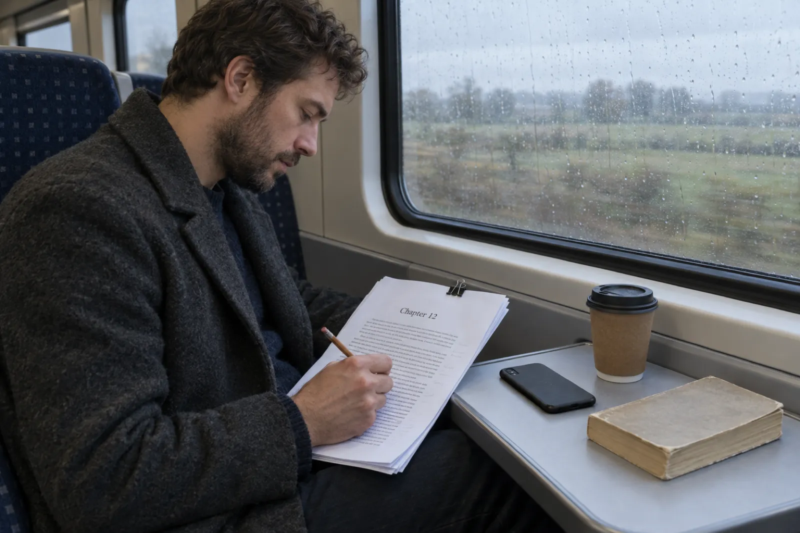 On a rainy morning train, a man in a wool coat edits a printed chapter headed Chapter 12 in pencil, with his phone face down on the table beside a coffee and a paperback