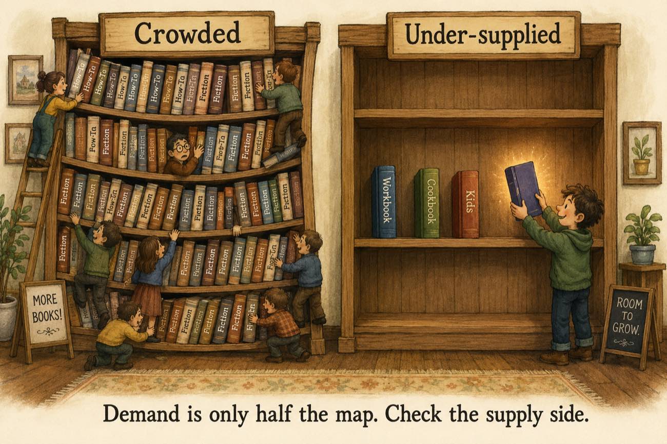 Two bookshop shelves: a crowded wall of near-identical fiction and how-to books beside an under-supplied shelf holding workbook and cookbook titles, captioned demand is only half the map