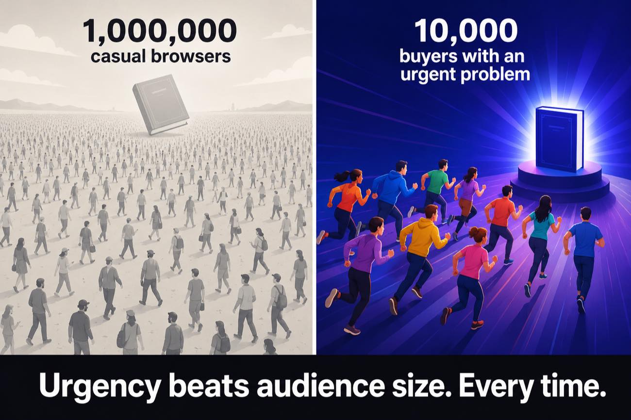 Split illustration: a million casual browsers wandering past a faded book versus ten thousand urgent buyers sprinting toward a glowing one, captioned urgency beats audience size