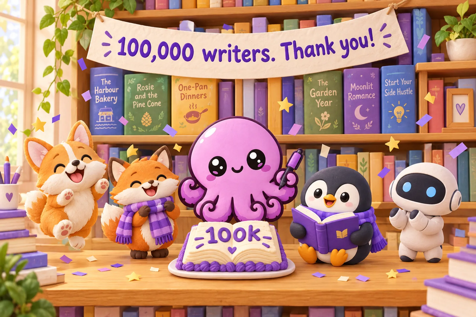 Inky the octopus and friends celebrating under a banner reading 100,000 writers. Thank you!, with a book-shaped 100k cake and a shelf of books