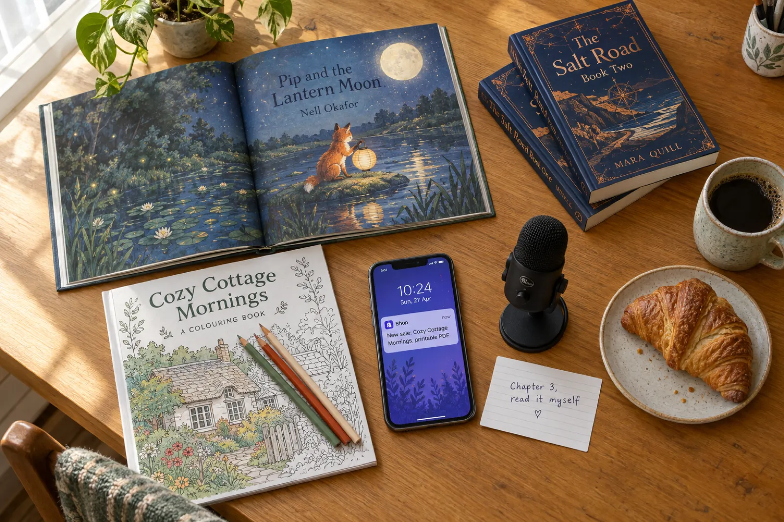 A kitchen table with an open picture book, Pip and the Lantern Moon, a half-coloured colouring book, Cozy Cottage Mornings, the paperbacks The Salt Road books one and two, a phone showing a new sale and a USB microphone