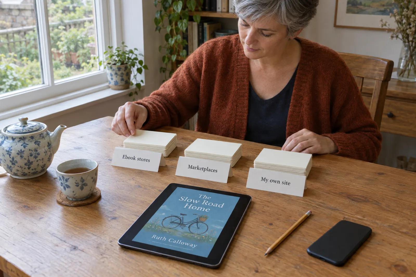 An author at a kitchen table sorts index cards behind three paper signs reading Ebook stores, Marketplaces and My own site, beside a tablet showing the ebook The Slow Road Home