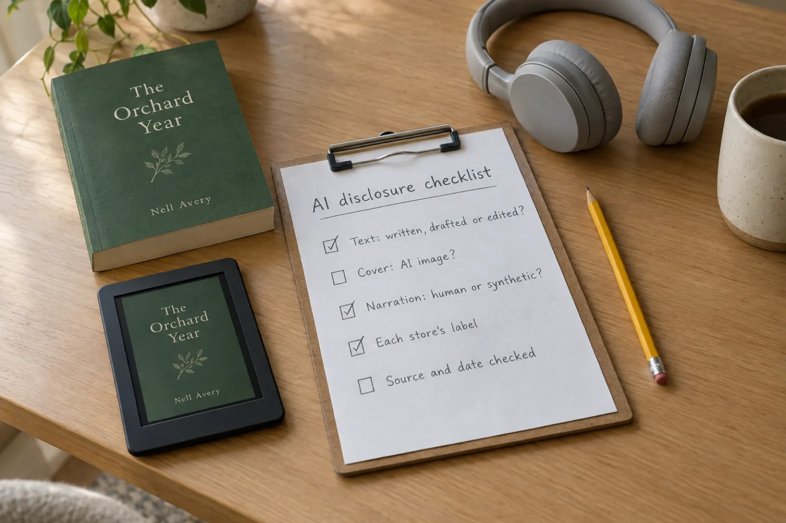 A printed AI disclosure checklist on a clipboard on an oak desk beside a paperback, an e-reader and grey headphones