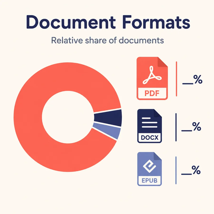 Chart showing nearly nine in ten AI books are exported as PDF, far ahead of DOCX and EPUB