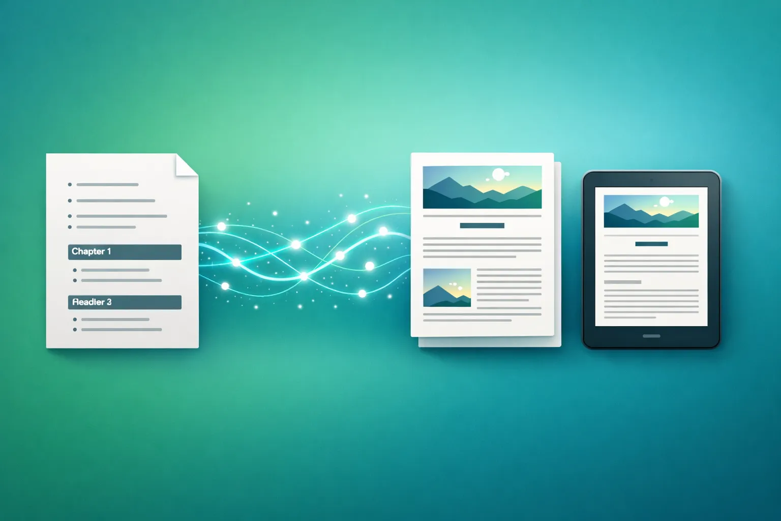 AI outline to PDF and EPUB export workflow showing chapter generation and formatting