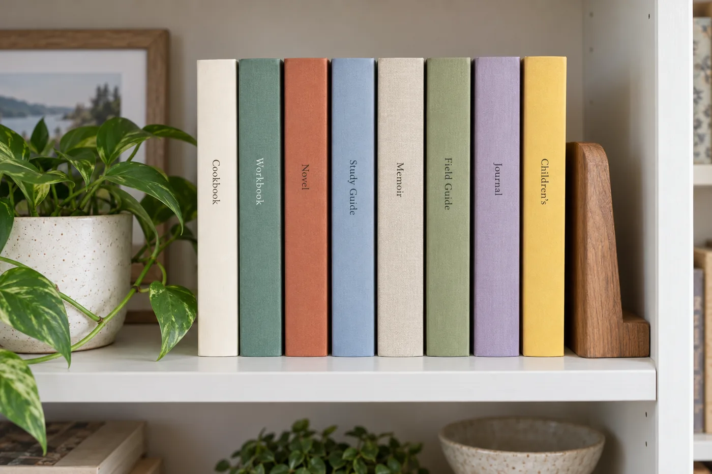 Bookshelf with eight plain paperbacks whose spines read Cookbook, Workbook, Novel, Study Guide, Memoir, Field Guide, Journal and Children's