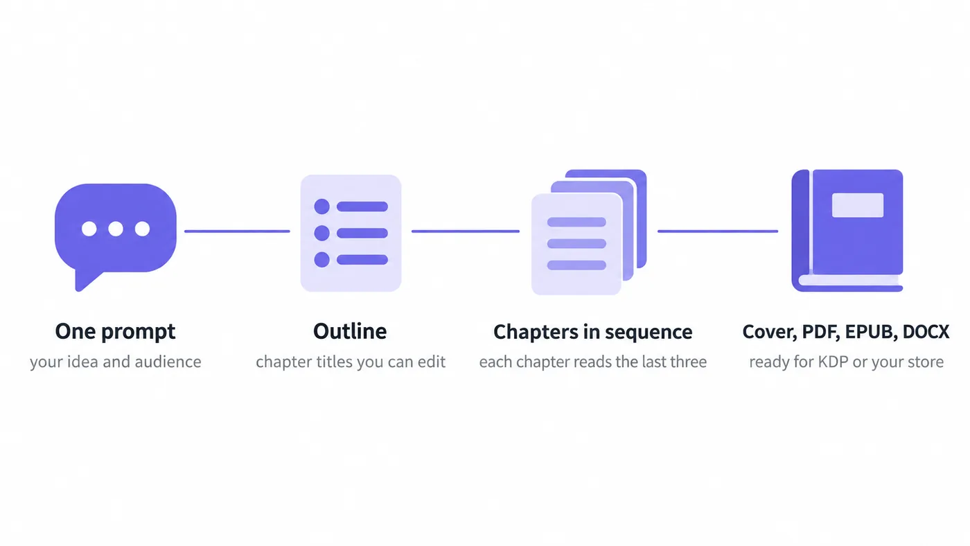 Four-step infographic: one prompt, outline, chapters in sequence where each chapter reads the last three, then cover with PDF, EPUB and DOCX export