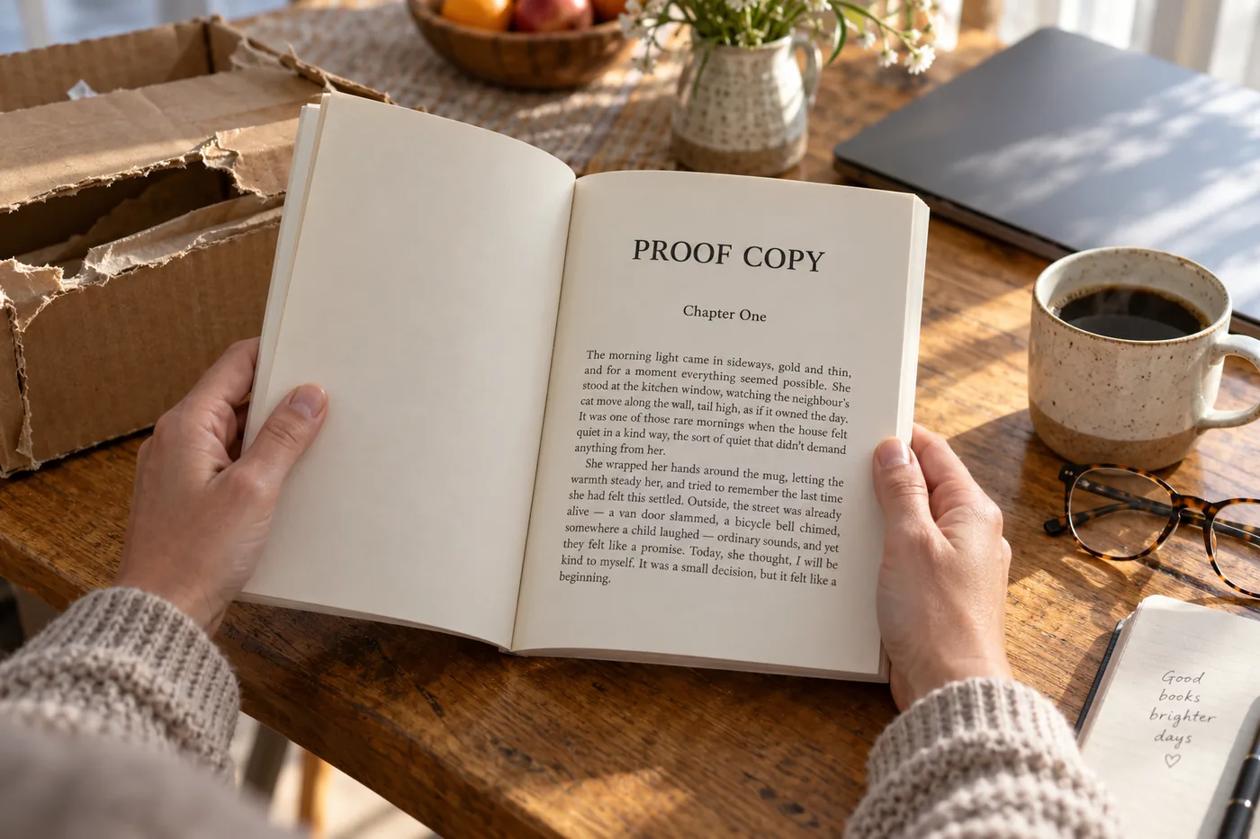 Hands holding a freshly delivered paperback proof copy open at a printed title page on a kitchen table, with the torn mailer, reading glasses and coffee beside it