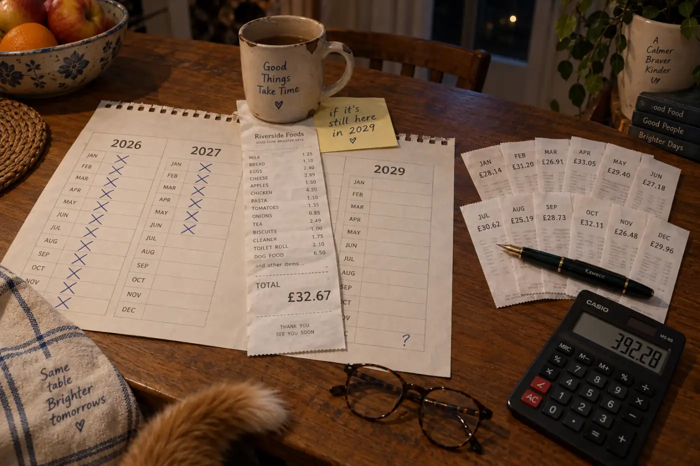 A kitchen table with a paper calendar showing three years crossed through, a single large receipt weighted down by a mug, and beside it a small stack of monthly receipts fanned out with a pen resting on top