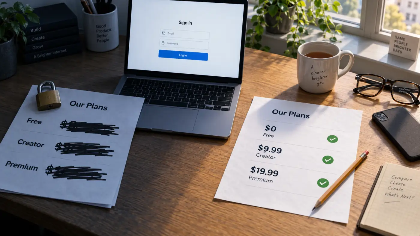 A printed price list on a desk with every figure blacked out and a small brass padlock resting on it, beside an open laptop showing a sign-in form, and next to them a second clean price list fully legible with three plans and their figures visible