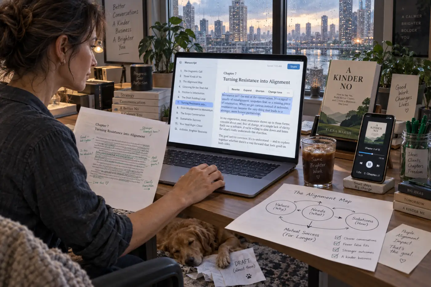 A consultant's desk with a laptop showing a chapter outline in an editor, a printed manuscript page marked up in pen, a hardcover business book on a stand and a phone showing an audiobook player