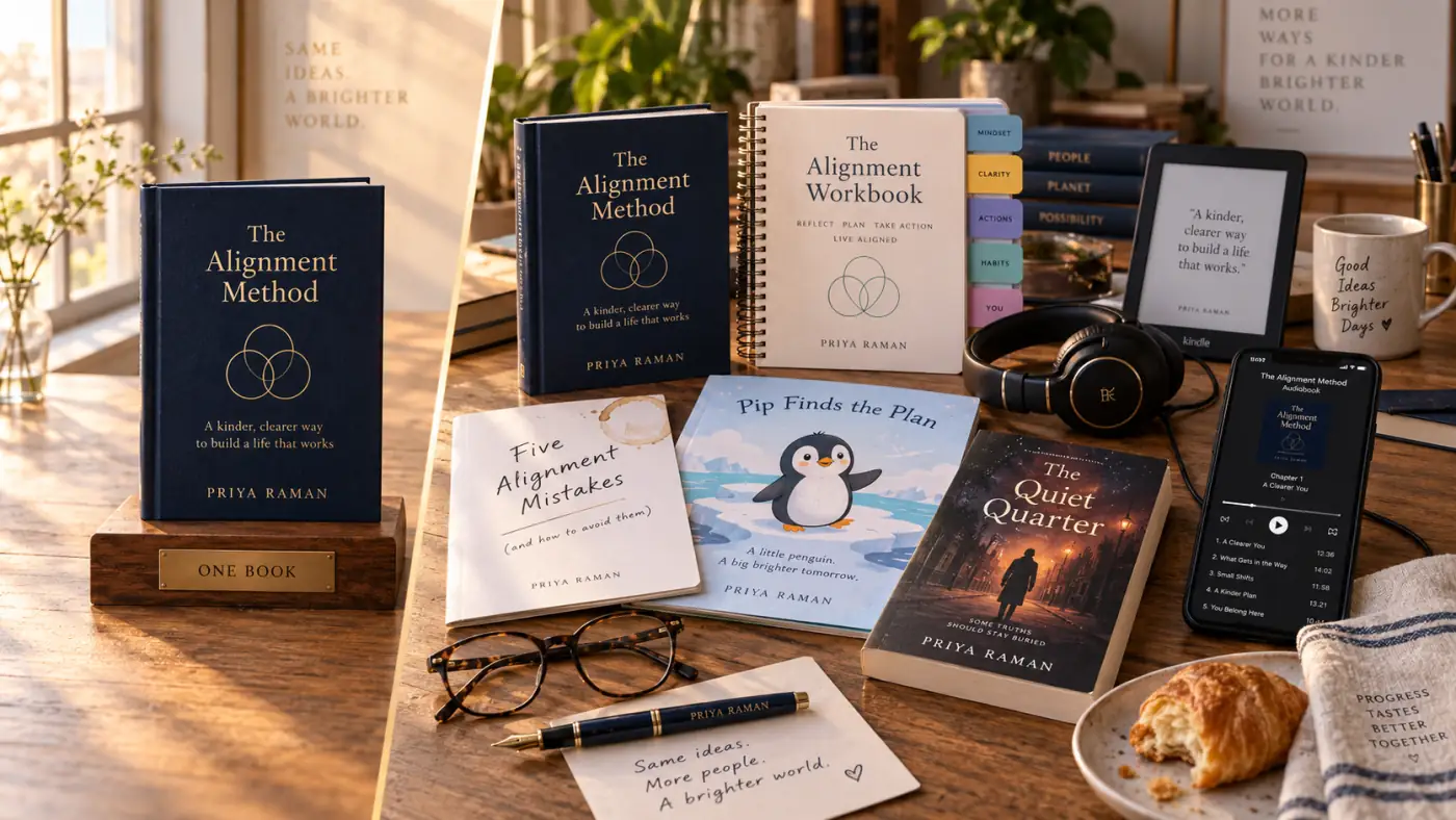 Two stacks of books on a wooden table: on the left one navy business hardcover, on the right a mixed stack of a business hardcover, a spiral workbook, a slim lead magnet booklet, a children's picture book and a paperback novel, with a pair of headphones resting on top
