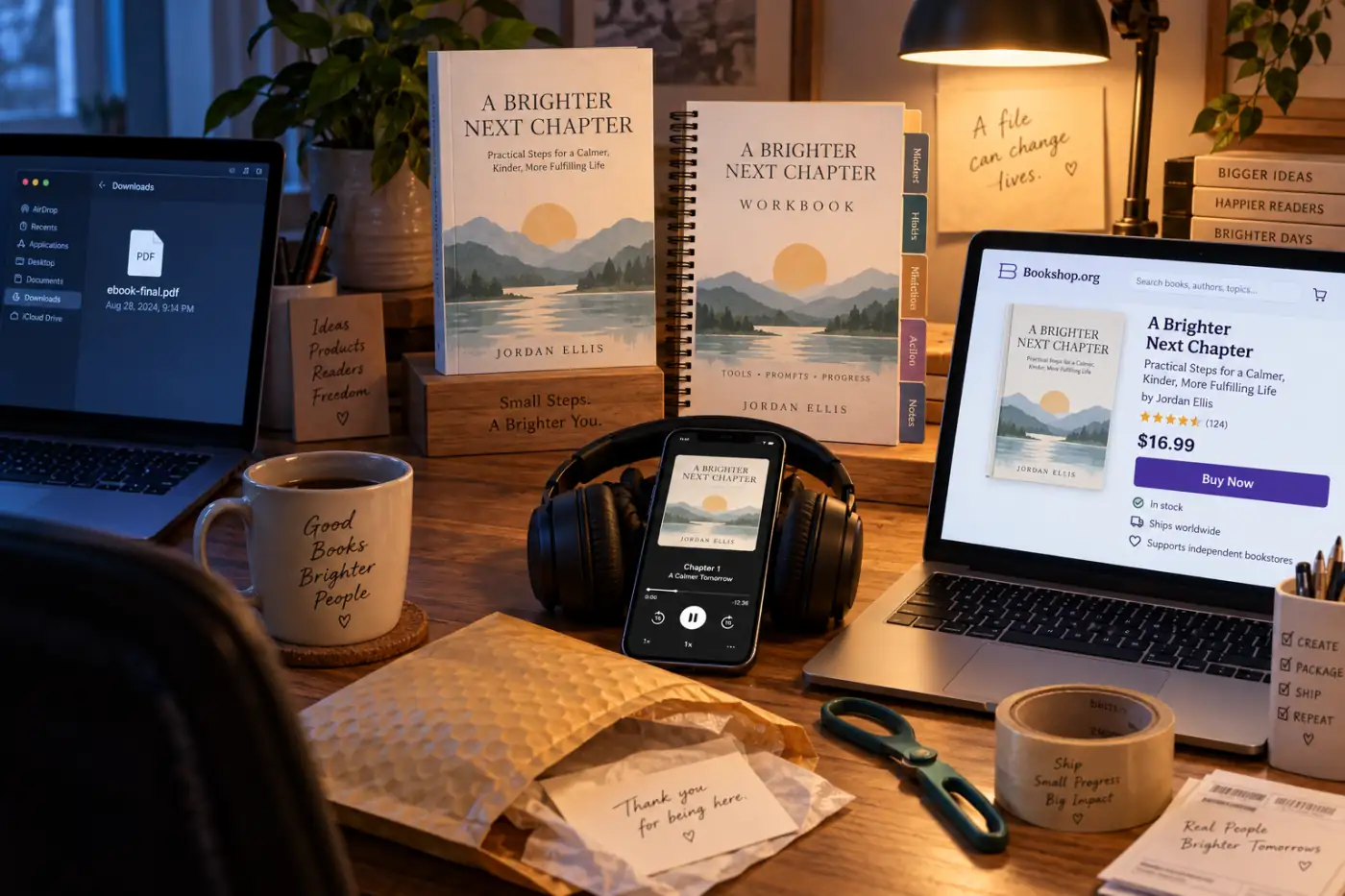 A finished paperback, a spiral workbook and a phone playing an audiobook arranged beside a laptop showing the same book on a storefront listing, with a downloaded PDF icon on a second screen at the edge of the desk