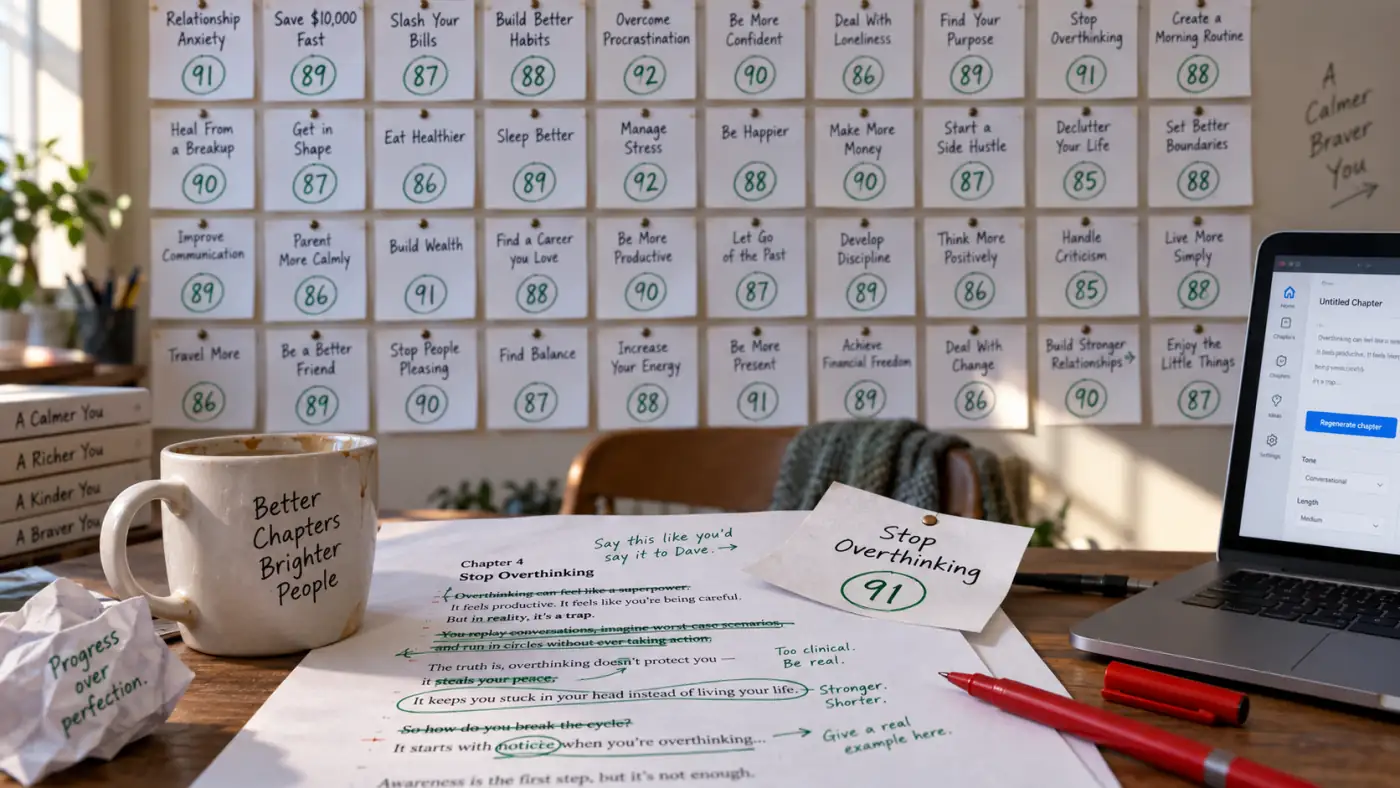A wall of printed topic cards with scores pinned above a desk, most of them untouched, beside a single printed chapter marked up in pen with a coffee cup holding the page down
