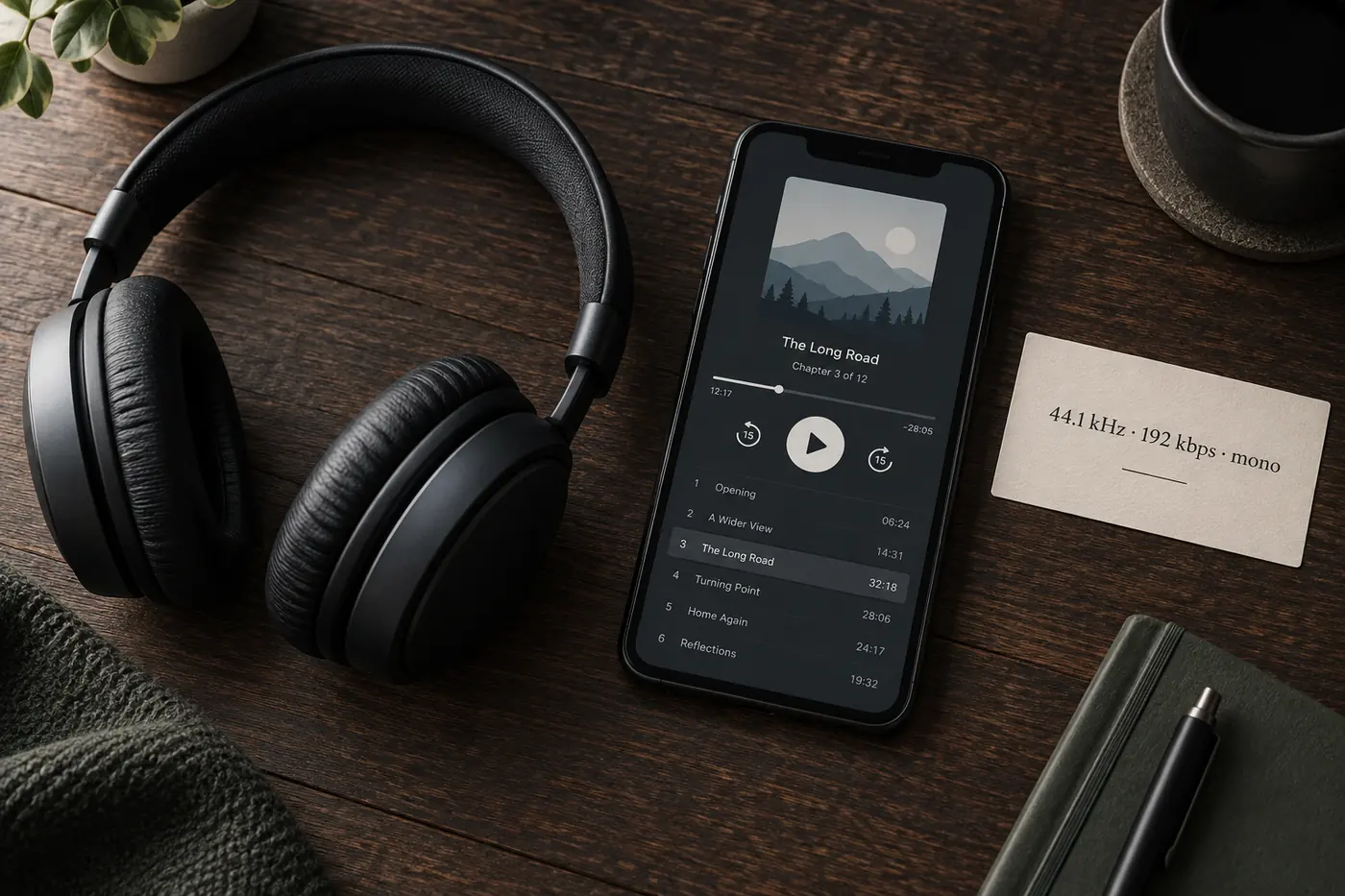 Headphones beside a phone showing an audiobook player with a chapter list, and a printed card reading 44.1 kHz, 192 kbps, mono