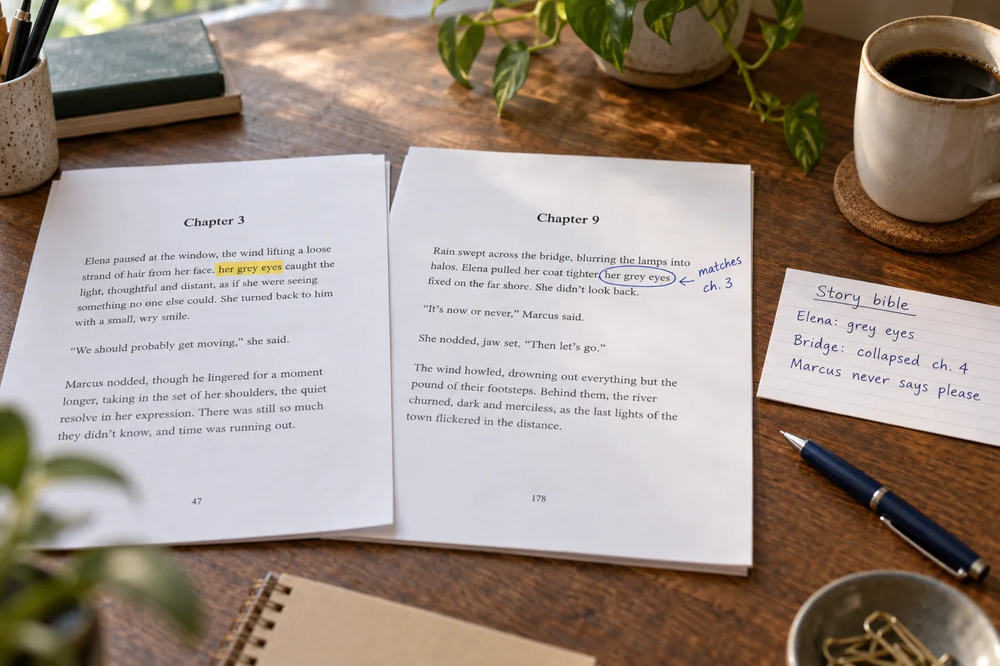 Two printed manuscript pages, chapter 3 and chapter 9, with the phrase her grey eyes highlighted on one and circled on the other with a margin note reading matches chapter 3, beside a handwritten story bible card