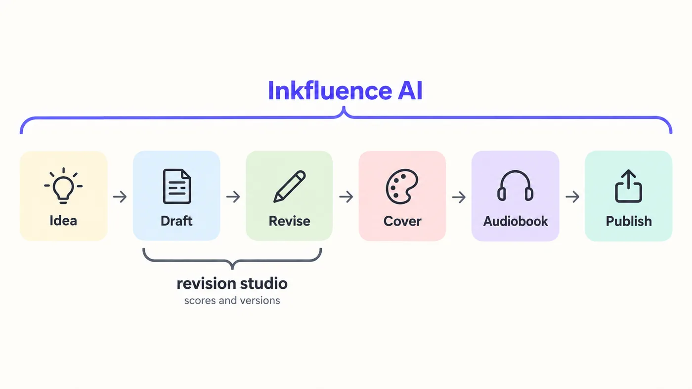 Pipeline diagram of six steps, idea, draft, revise, cover, audiobook, publish, with a bracket labelled Inkfluence AI spanning all six and a smaller bracket labelled revision studio spanning only draft and revise
