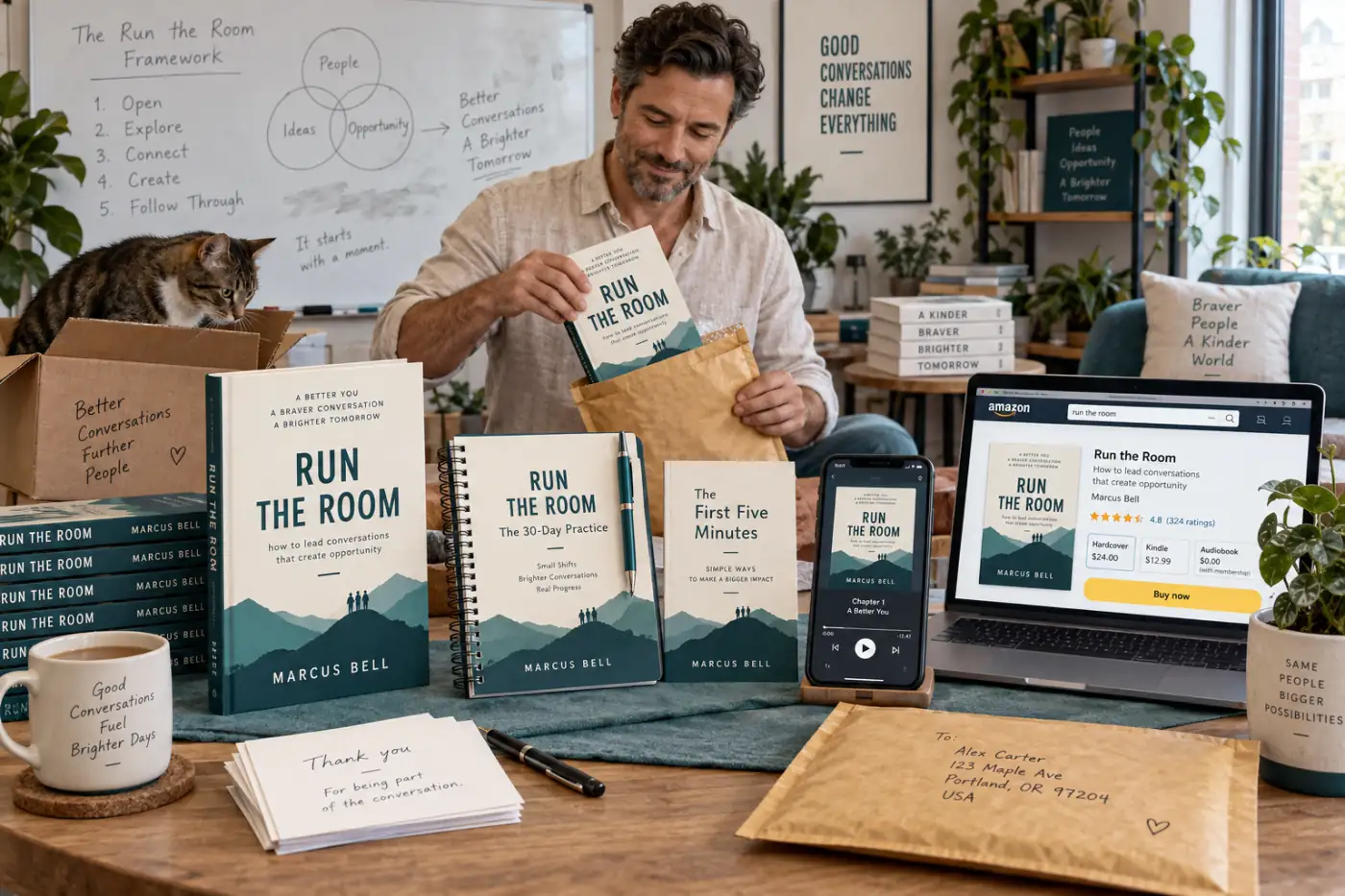 A consultant's finished business hardcover on a desk beside a spiral-bound client workbook, a slim lead magnet booklet, a phone playing the audiobook and a laptop showing the same book listed in an online store