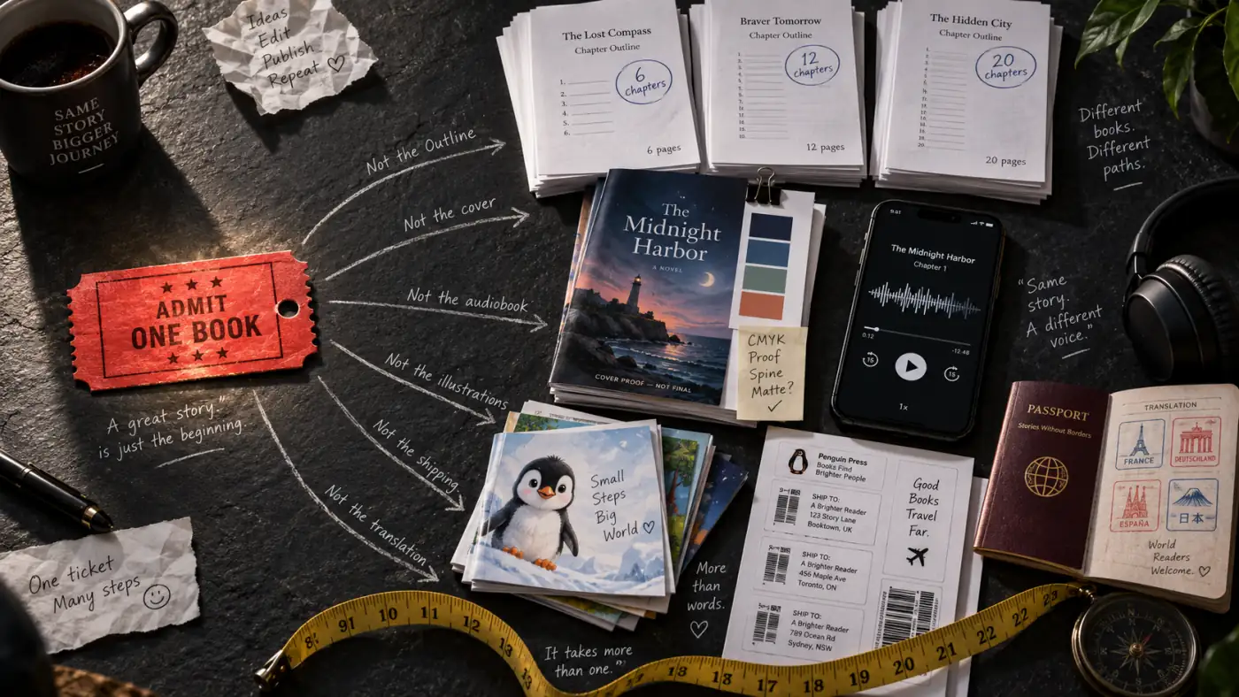 A desk with a single paper ticket stamped ONE BOOK beside a laptop, and next to it a stack of printed chapter outlines of different lengths, a cover proof, a phone with an audiobook player and a shipping label for an online store