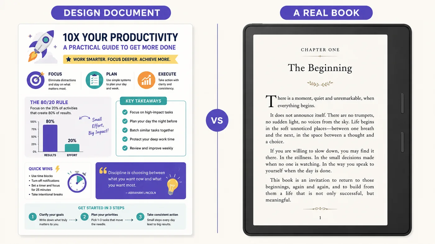 A template-filled infographic-style ebook page with icons, charts, and callouts next to a real book page with flowing chapter prose, showing the difference between a design document and a written book
