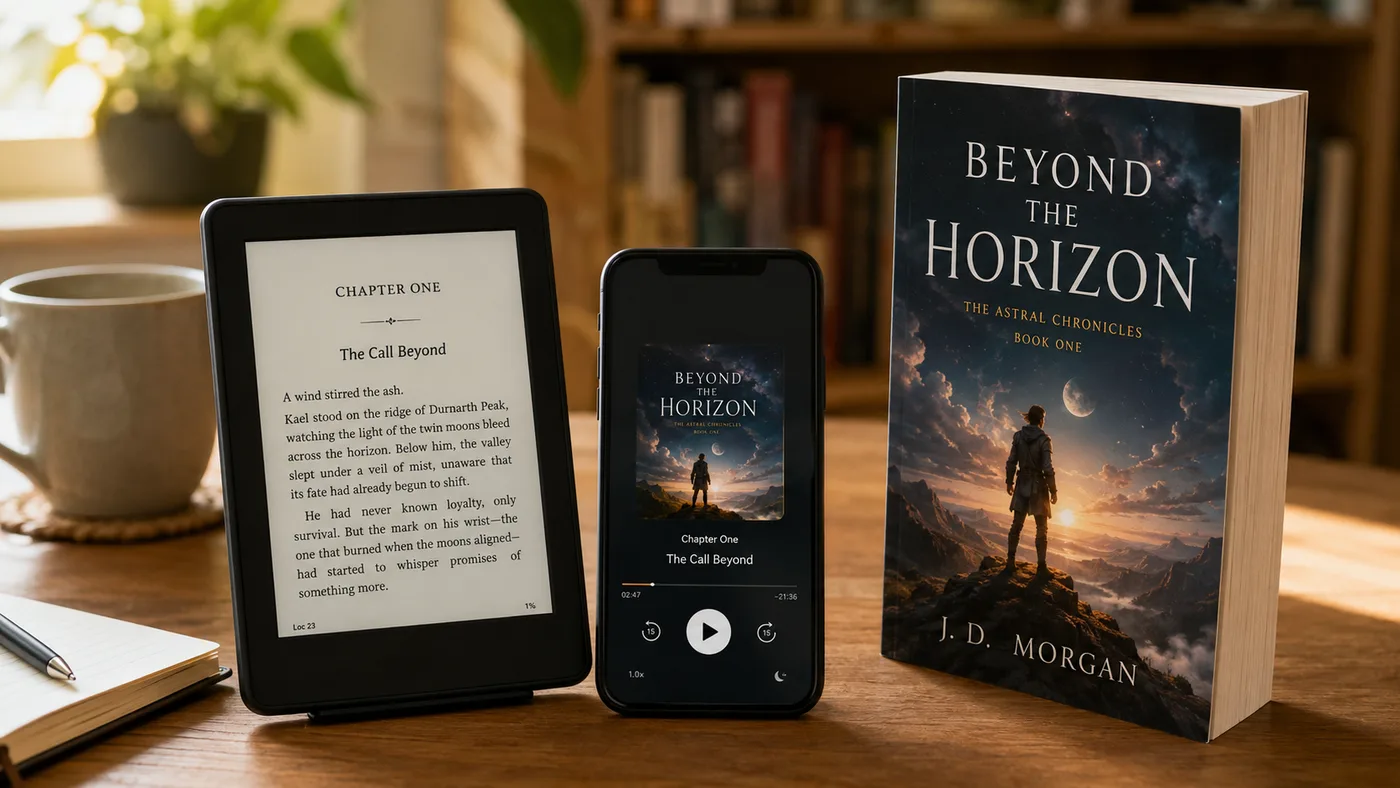 One AI-generated book from Inkfluence AI shown three ways: a reflowable ebook on a Kindle e-reader, an audiobook playing on a phone, and a print paperback with a professional cover