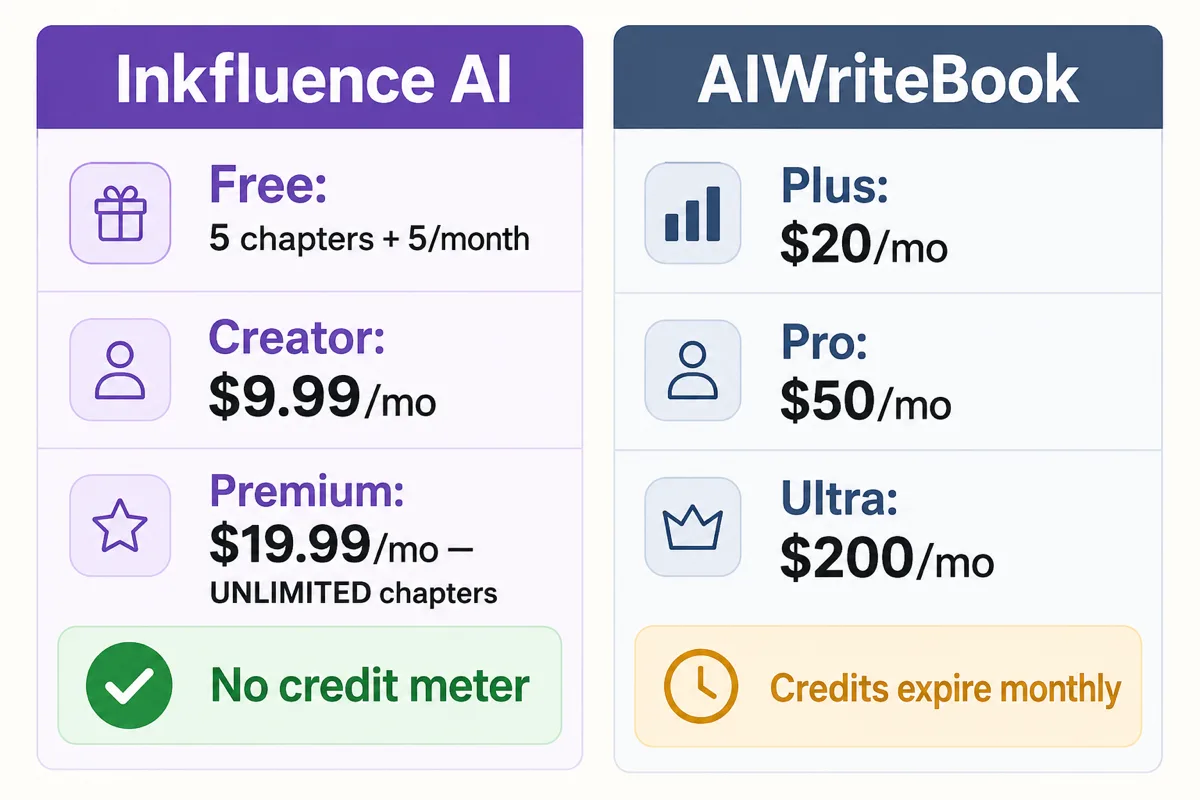 Pricing comparison: Inkfluence AI Free (5 chapters + 5/month), Creator $9.99/mo, Premium $19.99/mo with unlimited chapters and no credit meter, versus AIWriteBook Plus $20/mo, Pro $50/mo, Ultra $200/mo with credits that expire monthly
