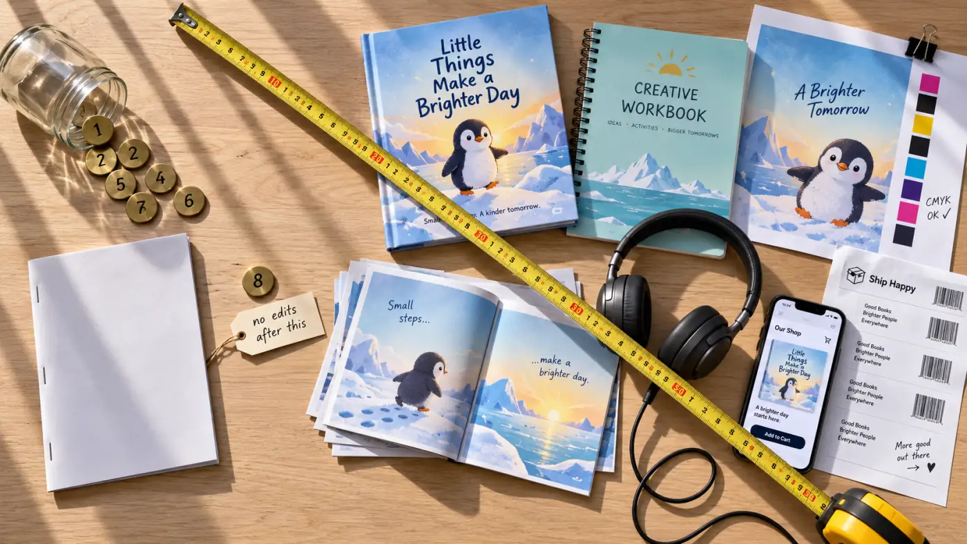 A glass jar of numbered paper tokens beside a single thin stapled A5 booklet, and next to them a taller stack of a hardcover, a spiral workbook, a cover proof, headphones and a phone showing a storefront listing