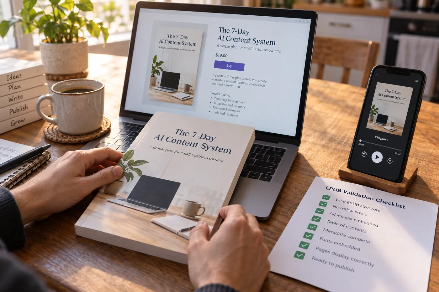 A finished paperback on a laptop showing an online store listing for the same book, a phone playing its audiobook, and a printed EPUB validation checklist with green ticks