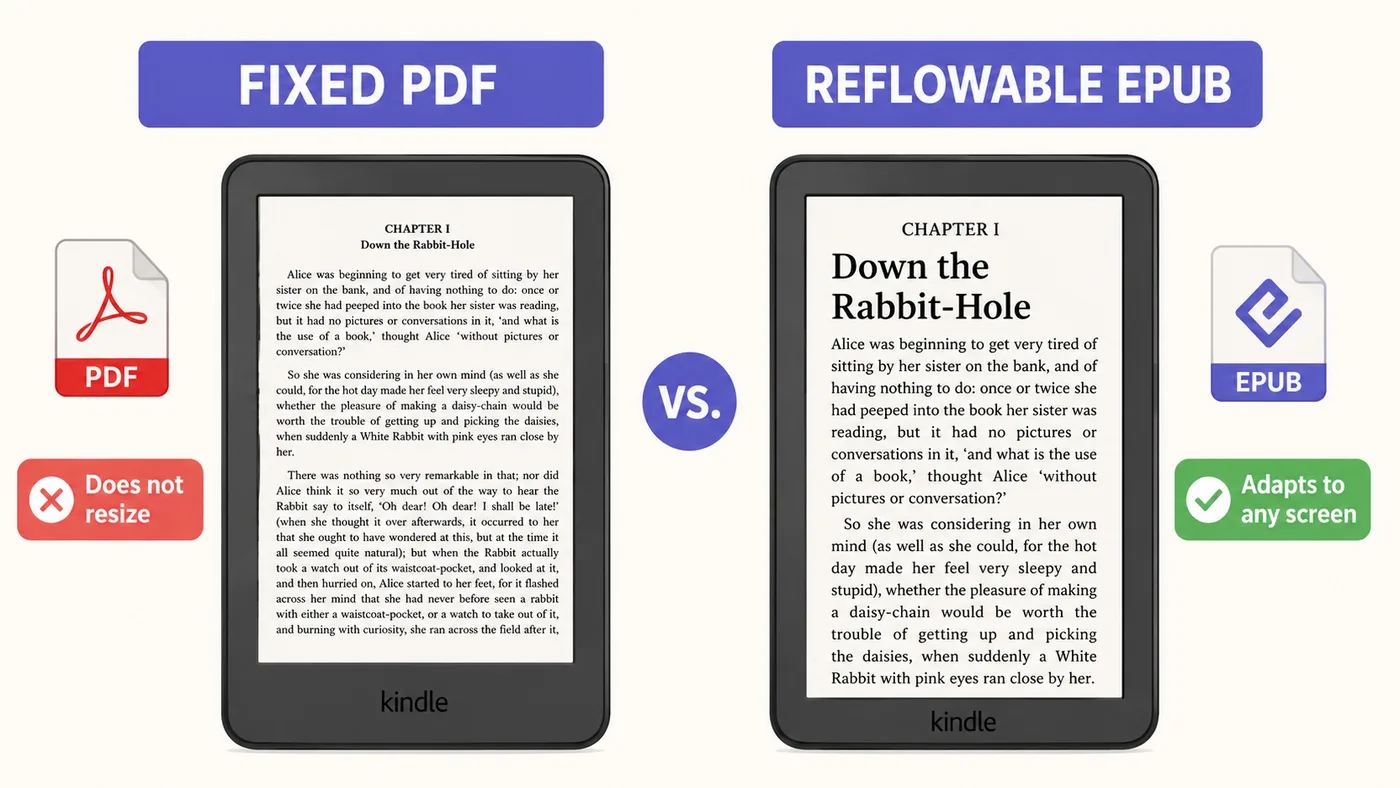 Fixed PDF ebook versus reflowable EPUB shown on two Kindle e-readers: the fixed PDF text stays small and does not resize, while the reflowable EPUB adapts to the screen and font size, which is why Amazon Kindle uses EPUB