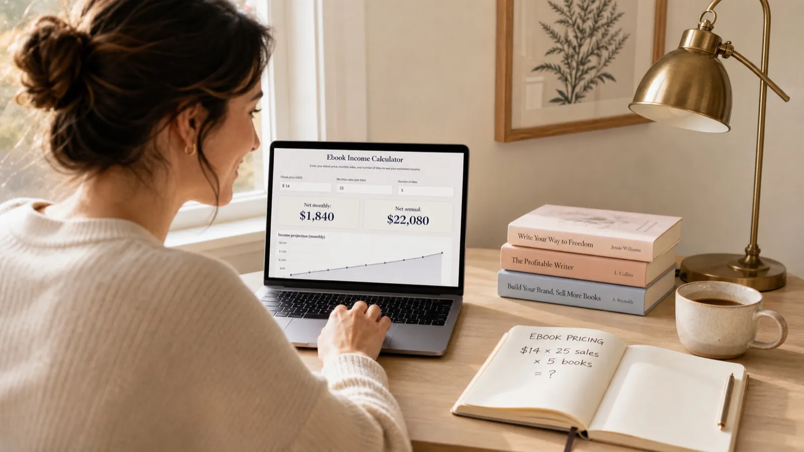 A creator at a sunlit minimal desk uses Inkfluence's ebook income calculator on her laptop, with handwritten ebook pricing notes ($14 × 25 sales × 5 books) in an open notebook beside a small stack of indie hardback books and a brass desk lamp.