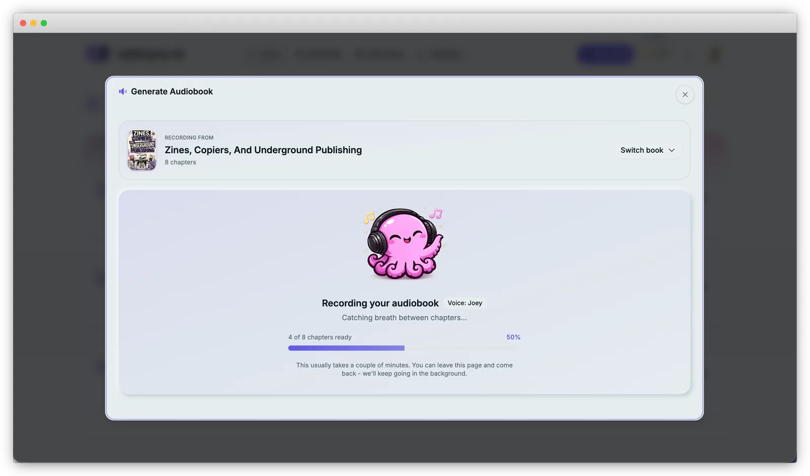 Audiobook generation in progress: chapter-by-chapter narration with progress tracking