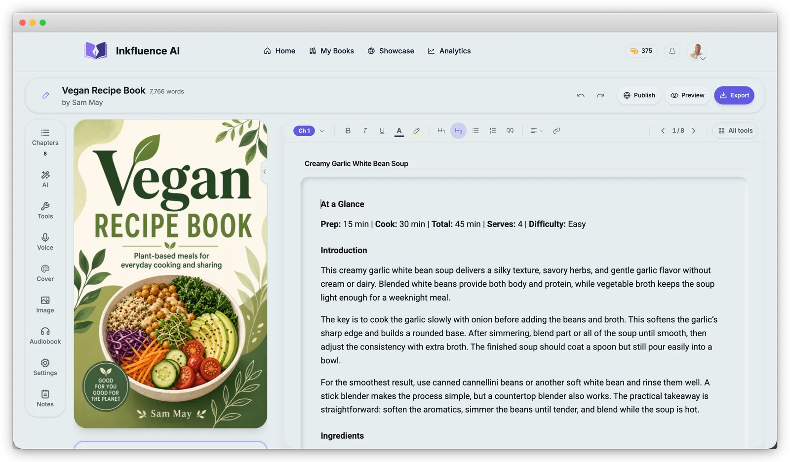 The Inkfluence editor with chapter rail, formatting toolbar, and live cover