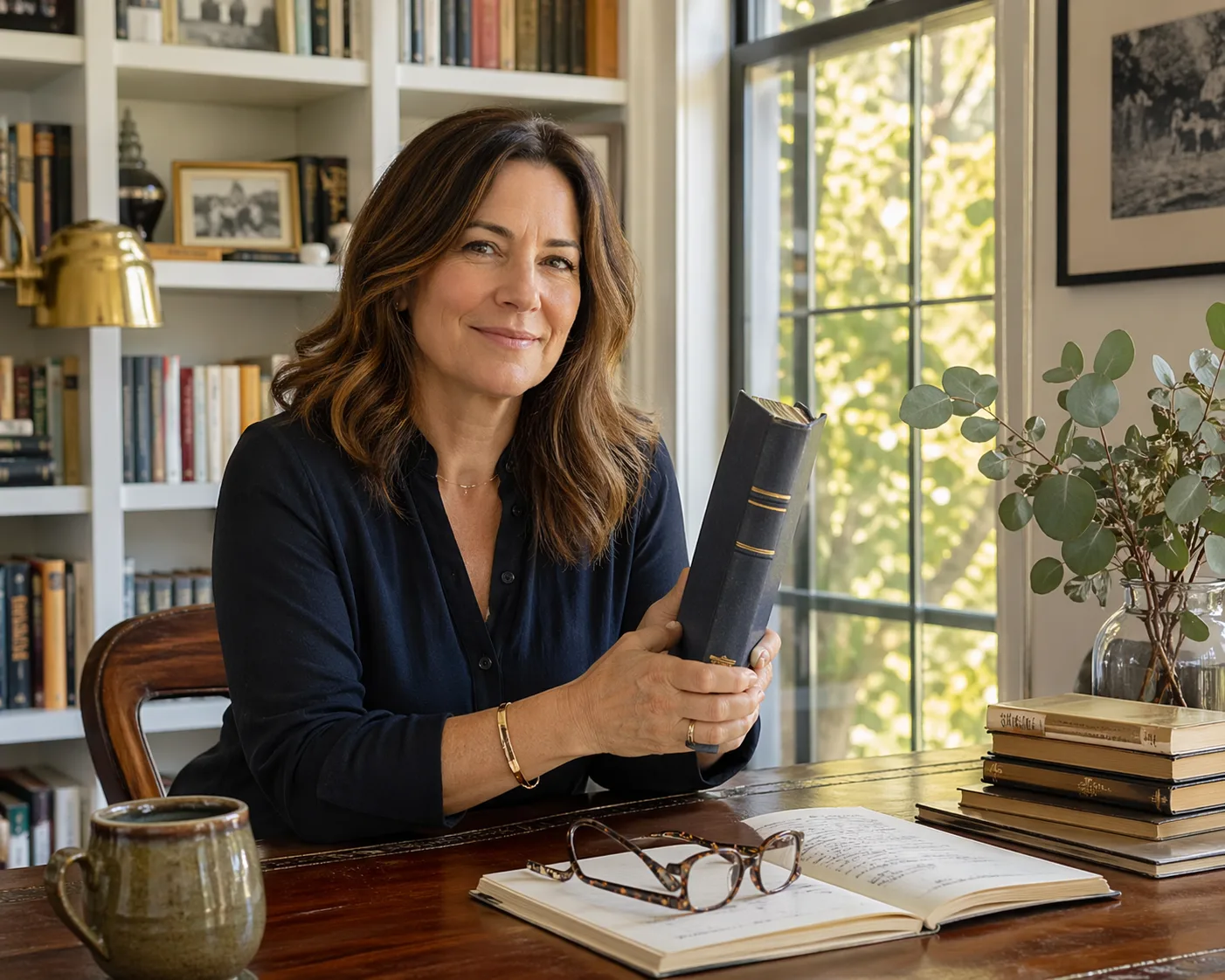 Published author holding her new book at a sunlit home desk in a home library with reading glasses and a writing notebook