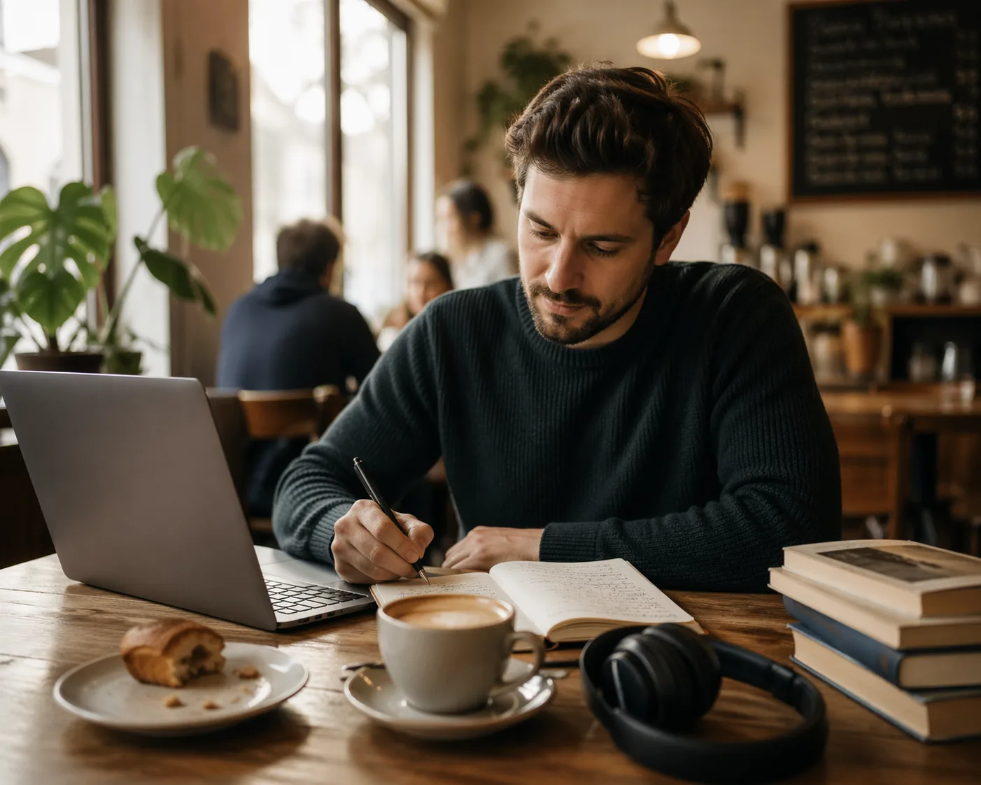 Blogger drafting a lead magnet ebook on his laptop at an independent coffee shop with a flat white, notebook, and his own books