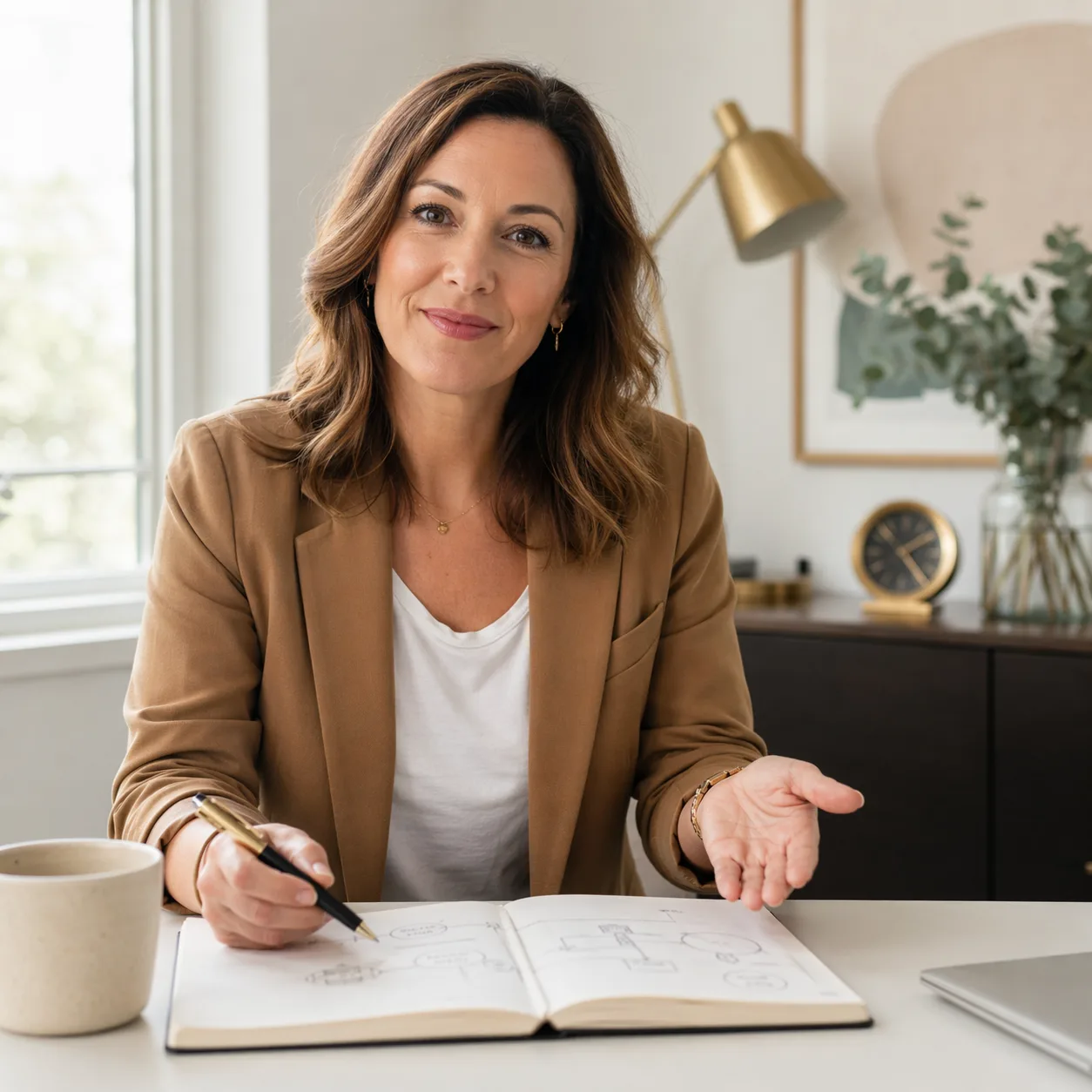 Career coach drafting a job search guide in an open notebook at a bright desk with a camel blazer, brass lamp, and eucalyptus in a vase