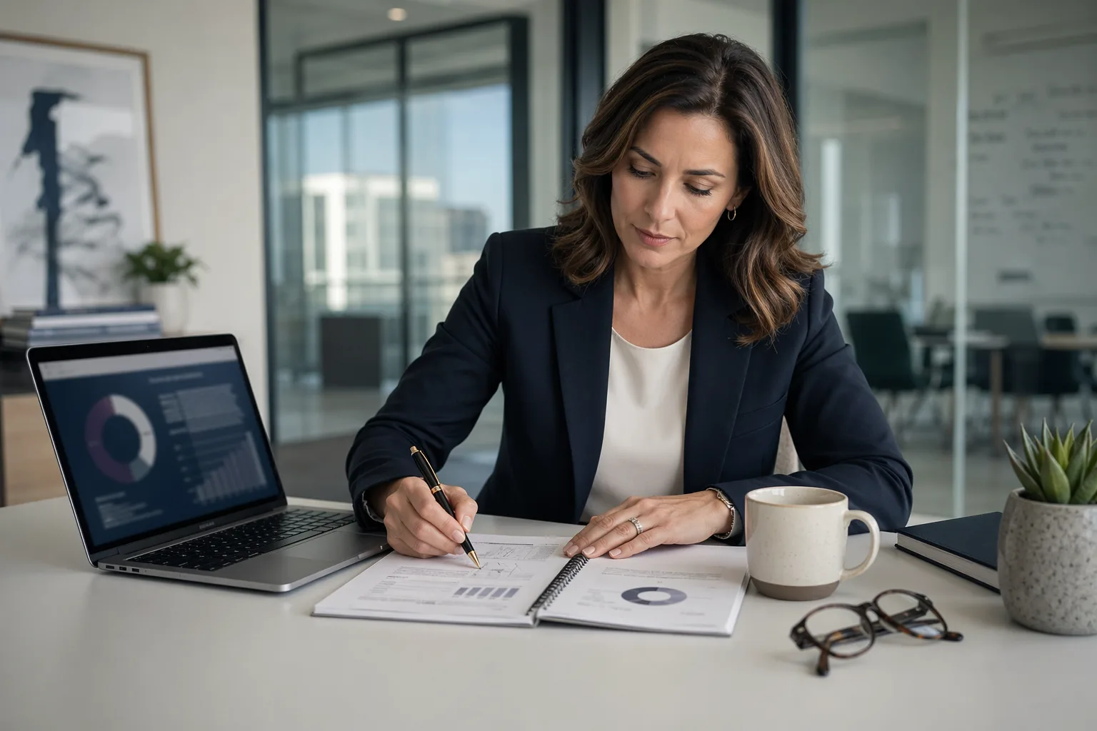 Business consultant drafting a client framework ebook, annotating a printed strategy report at her modern glass-walled office desk