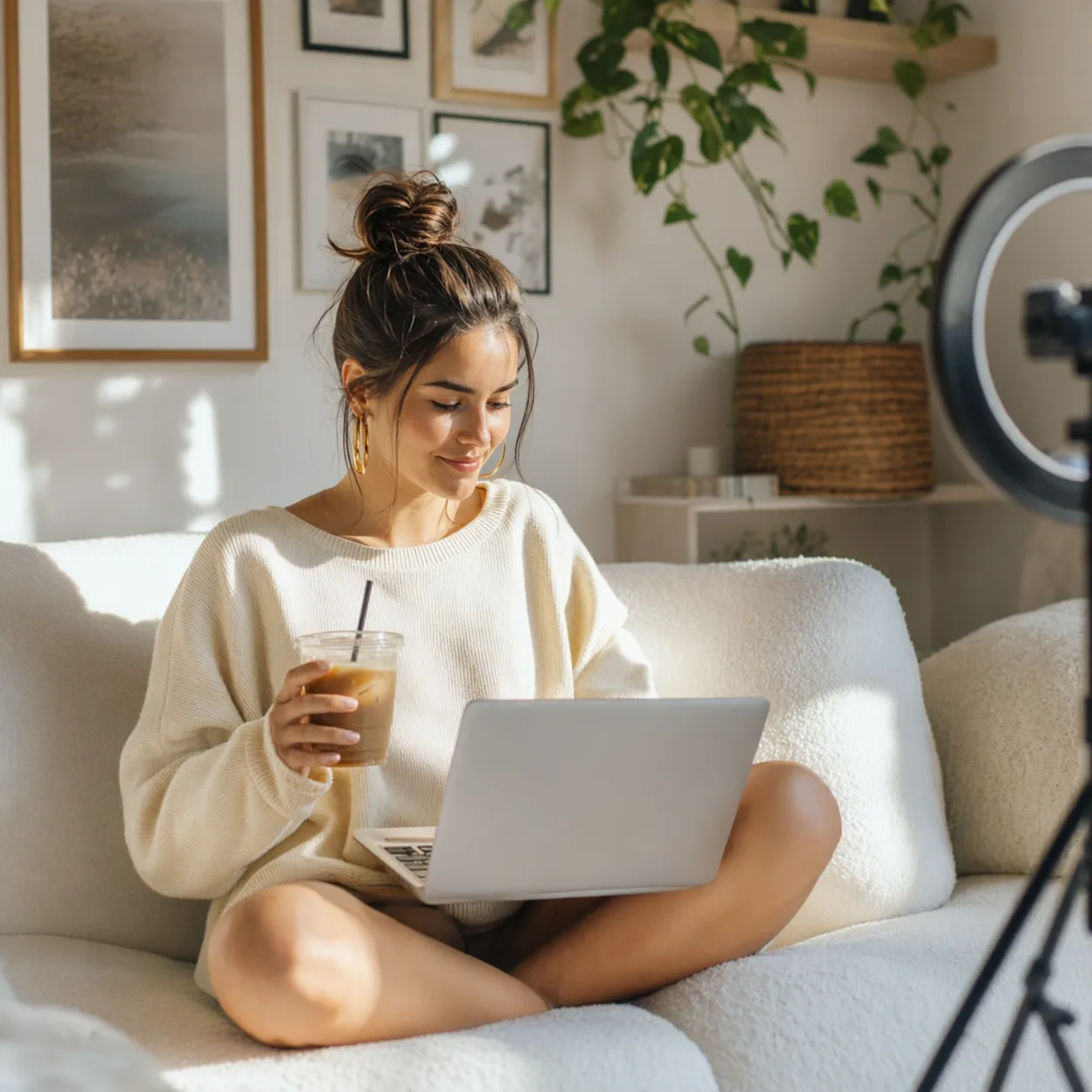 Content creator writing her ebook in a cream sweater on a bouclé sofa with a laptop, iced coffee, ring light, and gallery wall behind her